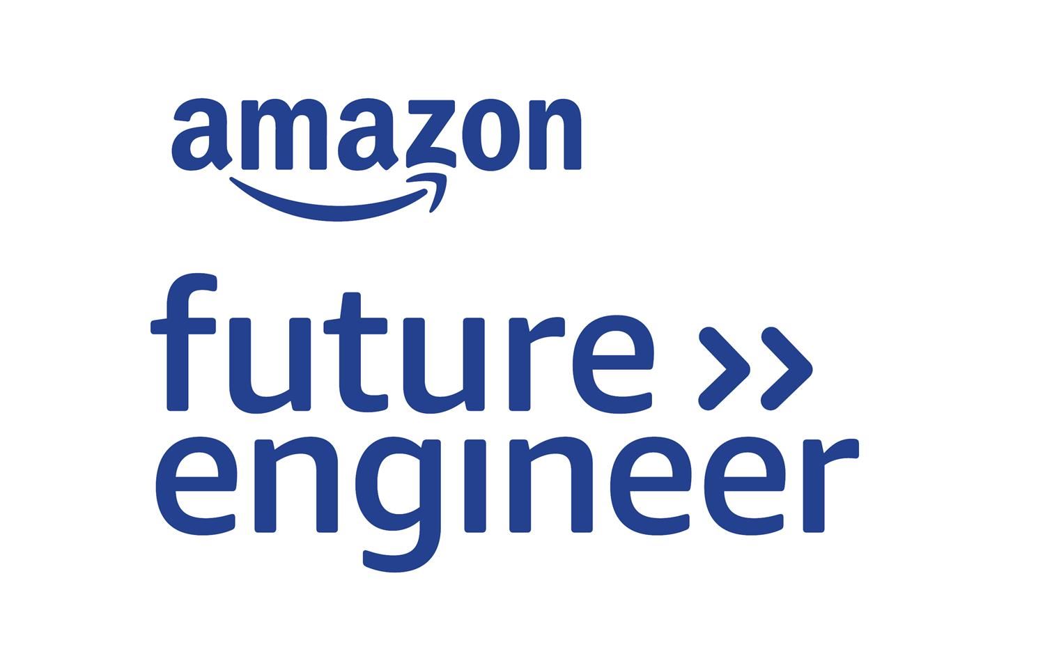  Amazon  Future Engineer logo. Blue lettering with arrows pointing toward Future Engineer words